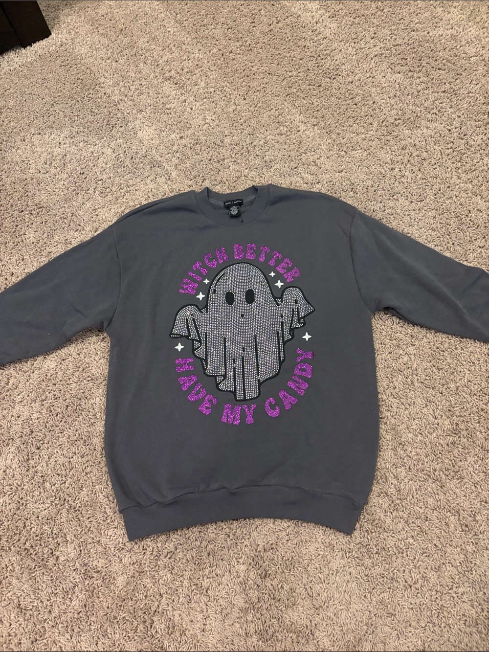 Charcoal Gray Graphic Ghost Crewneck Sweatshirt with Purple Accents